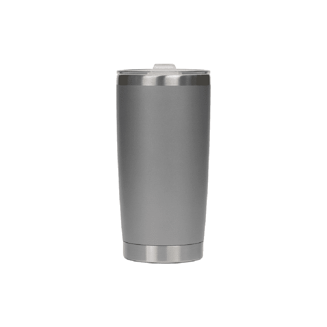A stainless steel cup in a sleek grey finish, featuring a metallic rim and a logo on the side.