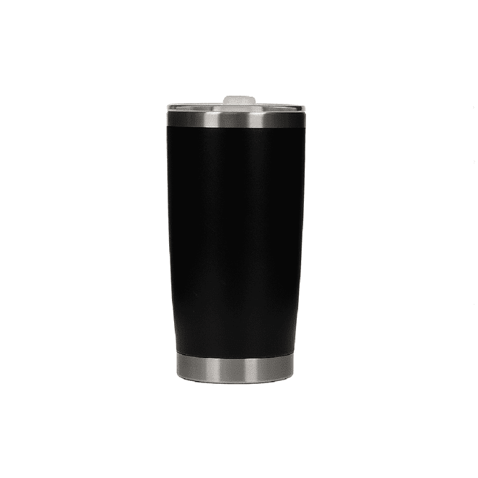 A drink bottle in black stainless steel with a silver rim and a lid, featuring a simple design.