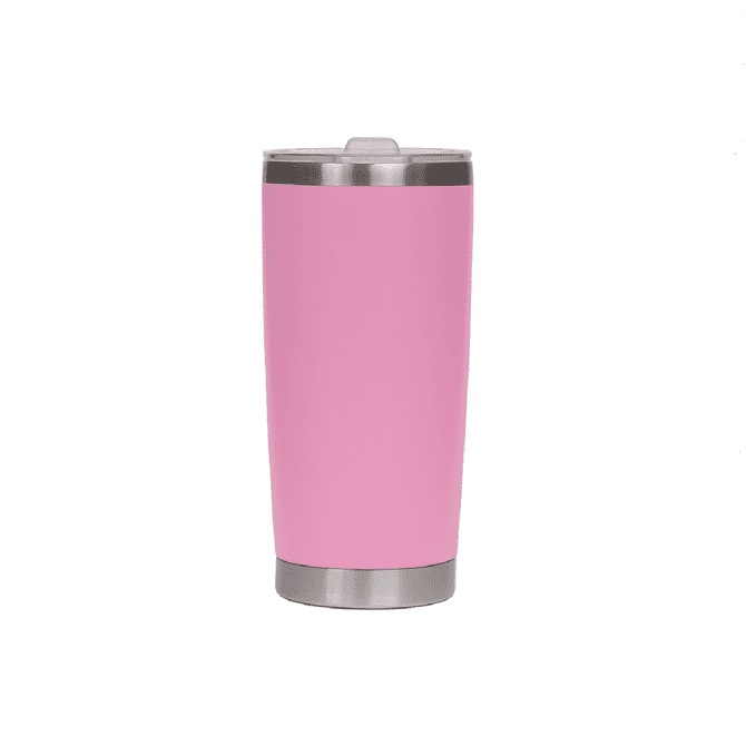 A drink bottle in a vibrant pink finish with a stainless steel base and a lid. It features a logo on the body.