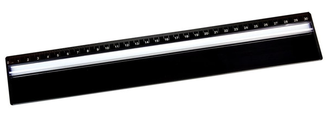 A 30cm black plastic ruler featuring a magnifying viewer, with measurement markings along one edge.