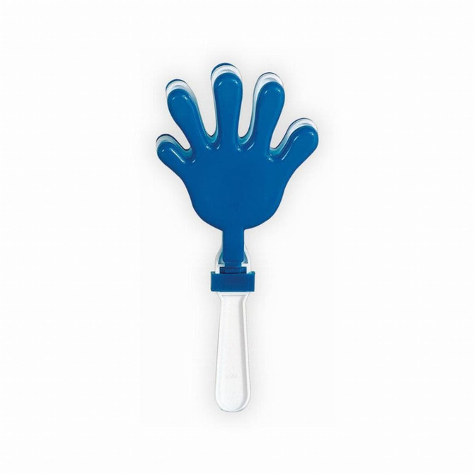 A blue hand-shaped clapper with a transparent handle, designed for making noise at events.