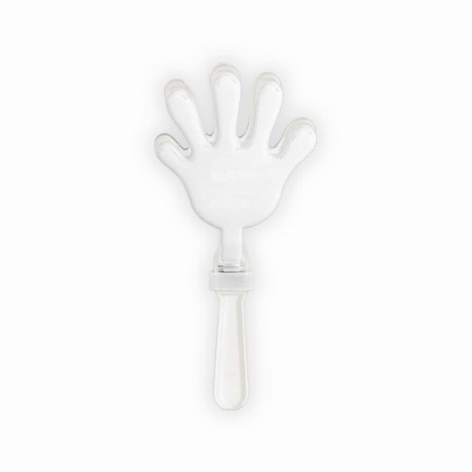 A white hand-shaped clapper with a transparent handle, featuring a simple logo on it.