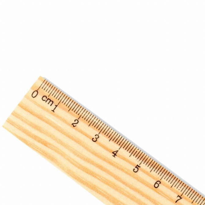 A 30cm wooden ruler with a light wood finish and printed measurement markings. It features a logo on one side.