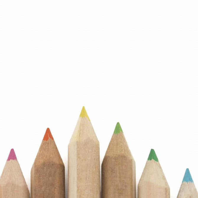 A set of colourful wooden pencils with sharpened tips in pink, orange, yellow, green, blue, and natural wood tones.