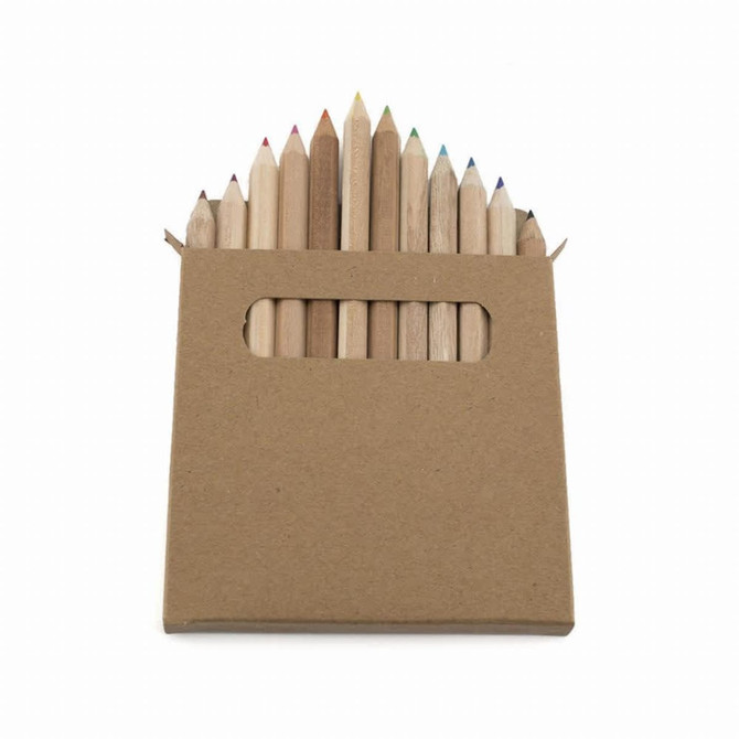 A cardboard box containing a 12-piece set of wooden pencils in various colours, with a logo on the packaging.