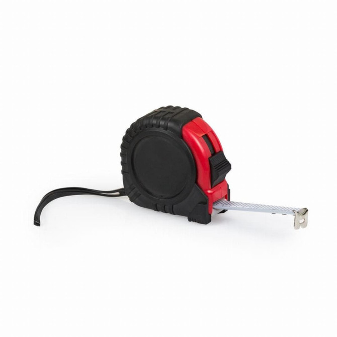A black and red rubber-coated flexometer measuring tape, with a metal tape extending from a sturdy casing.