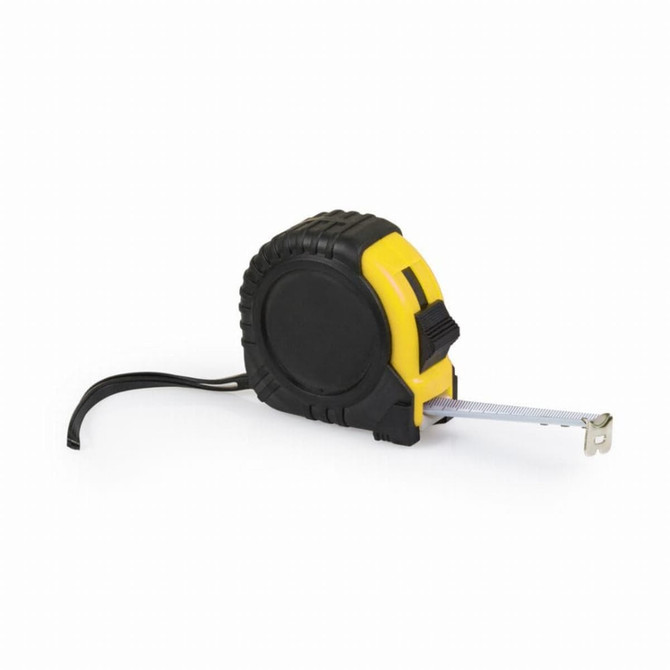 A black and yellow rubber-coated flexometer, featuring a retractable measuring tape. It has a sturdy design and a branding logo.