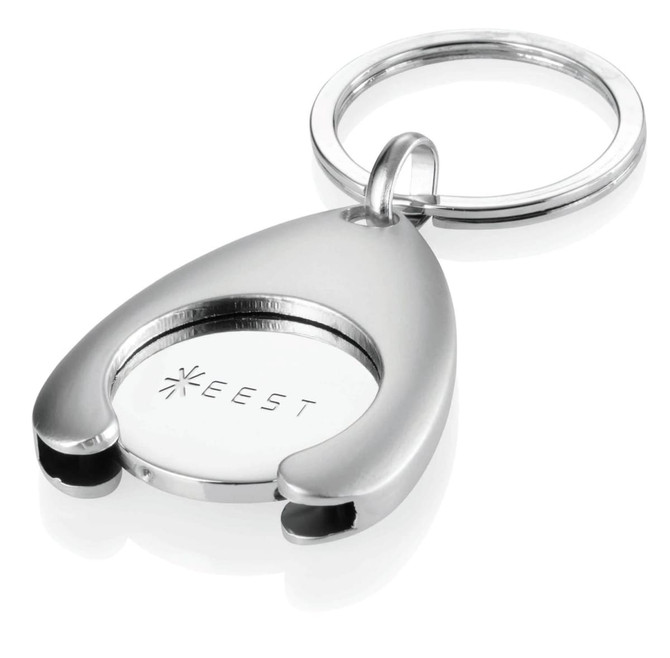 A silver metal keyring featuring a circular shopping trolley coin holder and a logo on the surface.