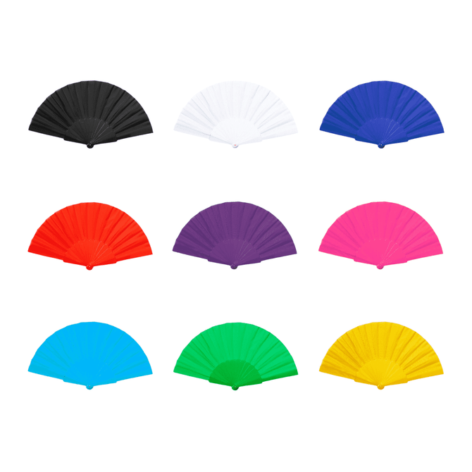 A foldable fan displayed in black, white, blue, pink, green, purple, red, and yellow, featuring a logo.
