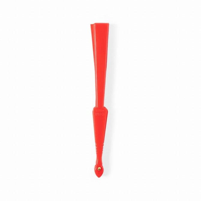 A red foldable fan with a sleek design and a small hole for hanging. It features a logo on one side.