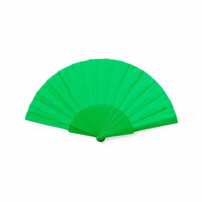 A green RPET foldable fan with a rounded handle and multiple fan blades. It features a logo.
