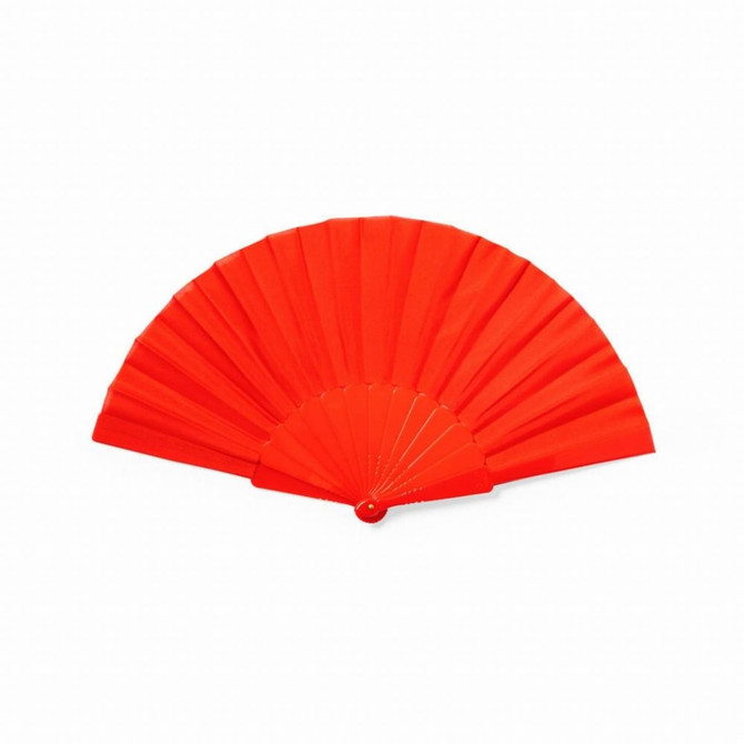 A bright red foldable fan with multiple pleats and a round base, featuring a logo.
