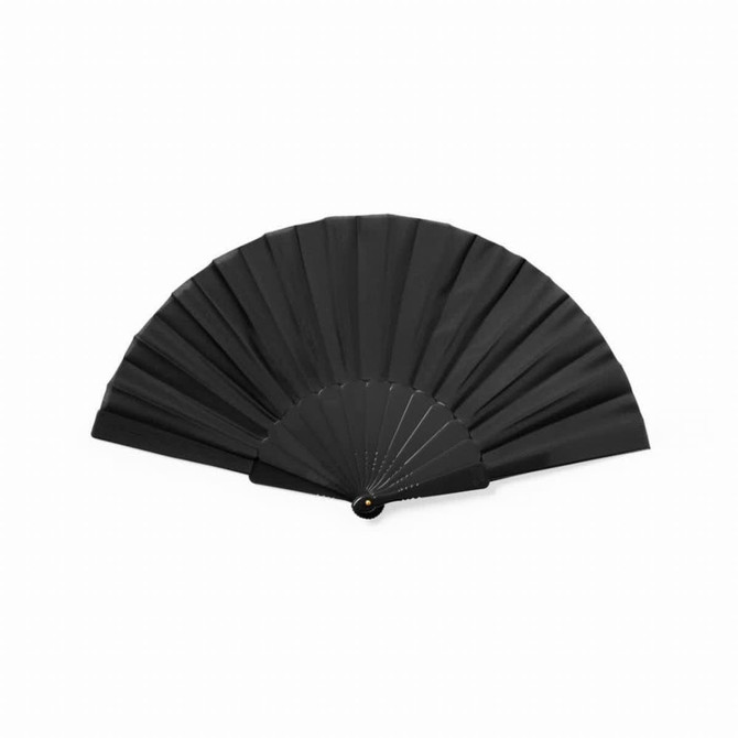 A black foldable fan opened, showcasing its pleated design and a central pivot point. It features a logo.