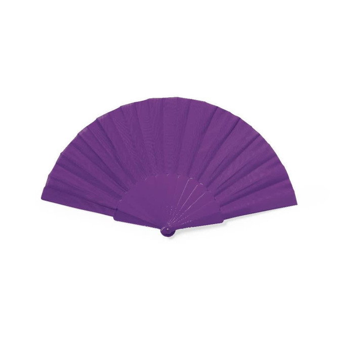 A purple RPET foldable fan with multiple pleats and a rounded handle, featuring a logo.