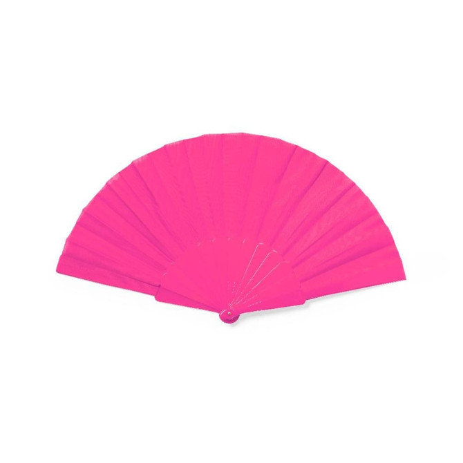 A pink RPET foldable fan with multiple pleats and a round handle, featuring a logo on the handle.