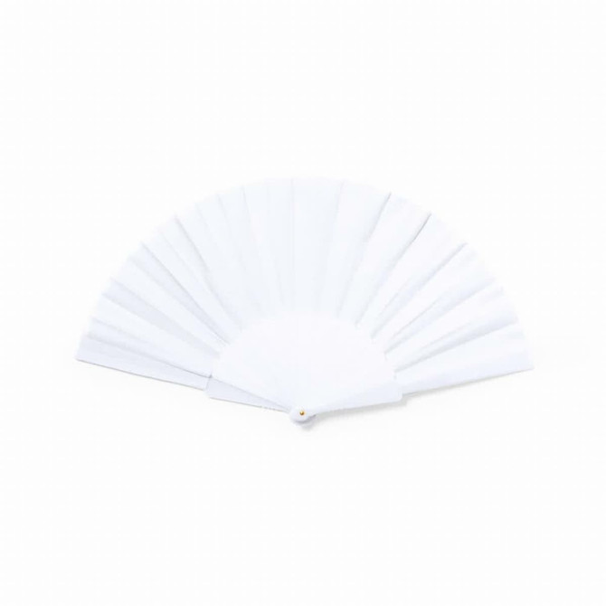 A foldable fan in white, featuring multiple pleats and a small button for opening and closing, with a logo.