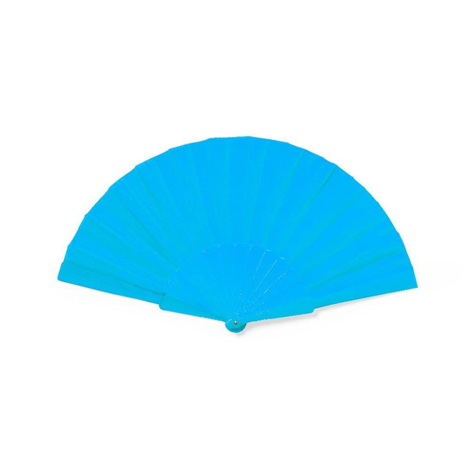 A foldable fan in vibrant blue, featuring a central pivot and multiple segments. It has a logo on the handle.
