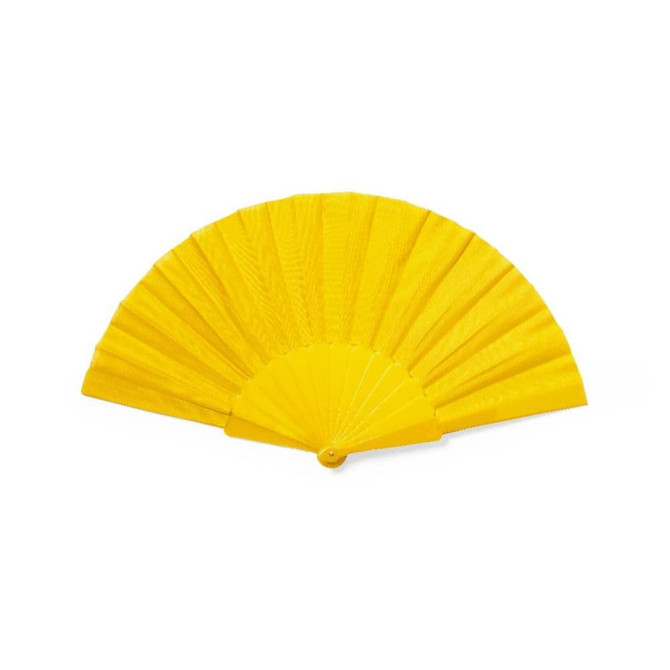 A foldable fan in bright yellow, featuring a textured design and a round base, with a logo on one side.