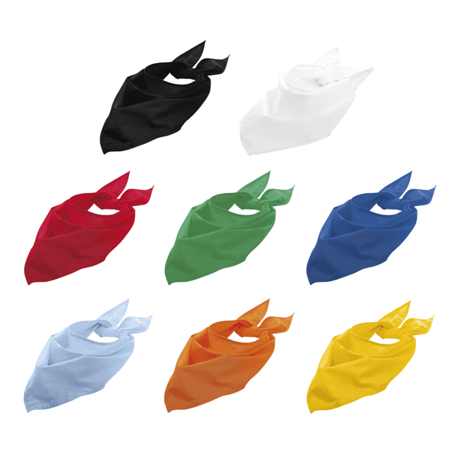 A collection of triangular bandanas in black, white, red, green, blue, light blue, orange, and yellow, each with a logo.