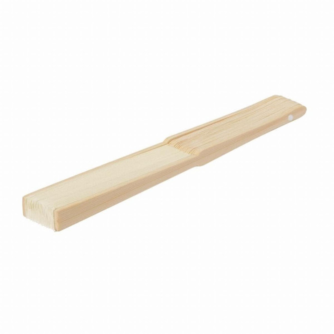 A bamboo hand fan in natural wood colour, featuring a simple, sleek design with a rounded tip.