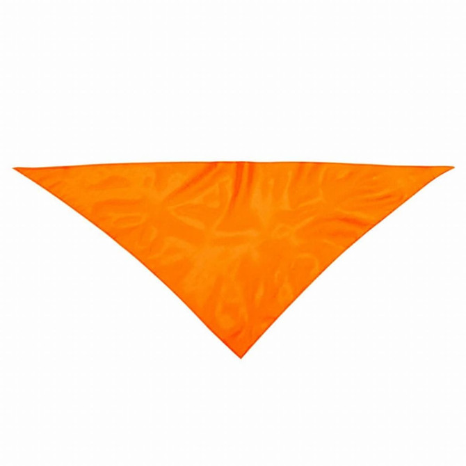 An orange triangular bandana with a smooth finish. The product features a logo.