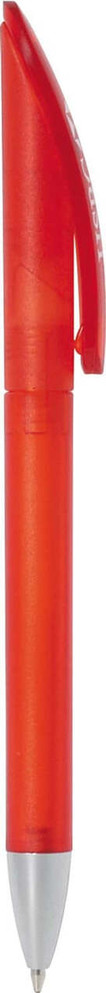 A red frosted twist-action plastic pen with a silver tip and clip, featuring a logo on the barrel.