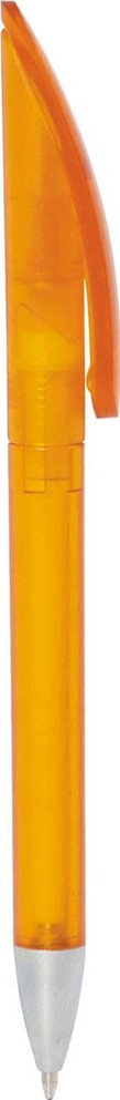 A frosted orange twist-action plastic pen with a clear barrel and silver tip, featuring a logo.