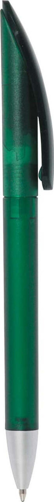 A green frosted plastic pen with a twist-action mechanism and a black clip. It features a logo on its body.