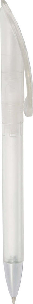 A frosted clear plastic pen with a twist-action mechanism and a clip on the side.