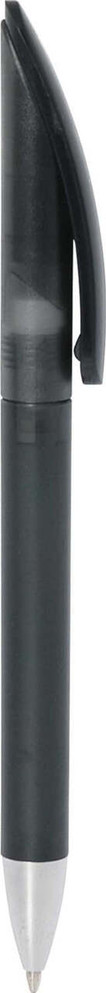 A frosted black twist-action plastic pen with a clip and silver tip. It features a logo on the barrel.