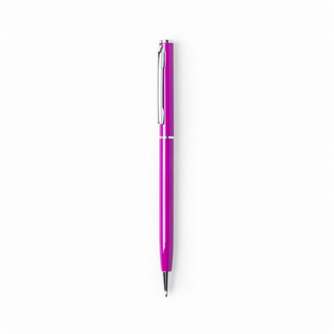 A glossy aluminium twist-action pen in vibrant pink with a silver clip and detailing.