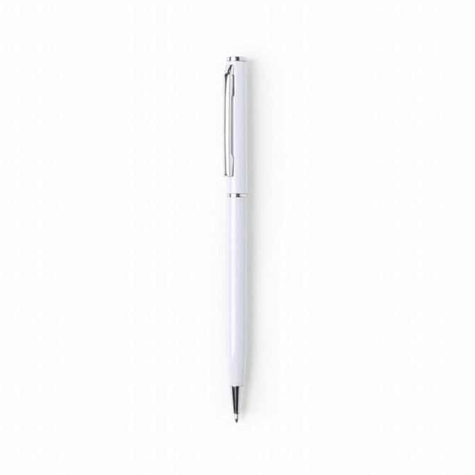 A white glossy aluminium twist-action pen with a silver clip and accents. It features a logo on the body.