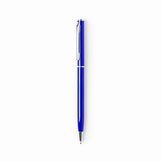 A glossy blue twist-action pen with a silver clip and accents, featuring a logo on its body.