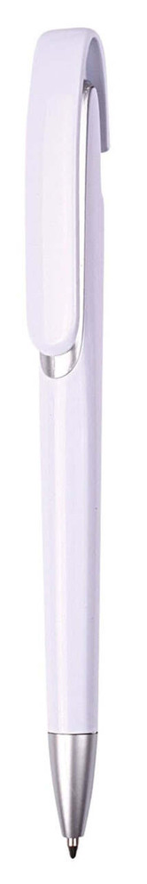 A white plastic ballpoint pen with a sleek design and a clip. Features a silver accent and a logo.