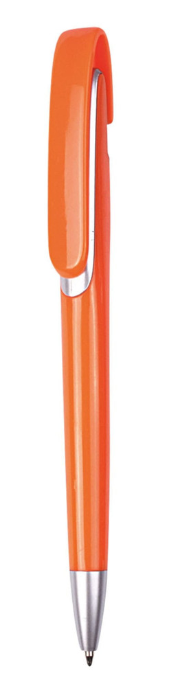 An orange push-action plastic ballpen with a sleek design and a silver accent. It features a clip for easy attachment.