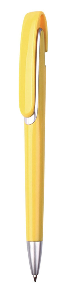 A yellow plastic ballpoint pen with a push-action mechanism and a clip. It features a simple design and has a logo.