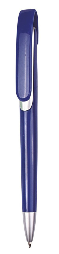 A blue push-action plastic ballpen with a clip and silver accents. It features a branded logo.