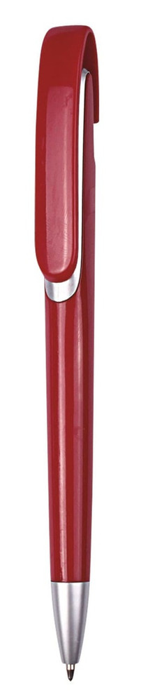 A red plastic ballpoint pen with a push-action mechanism and a silver clip. It features a logo.