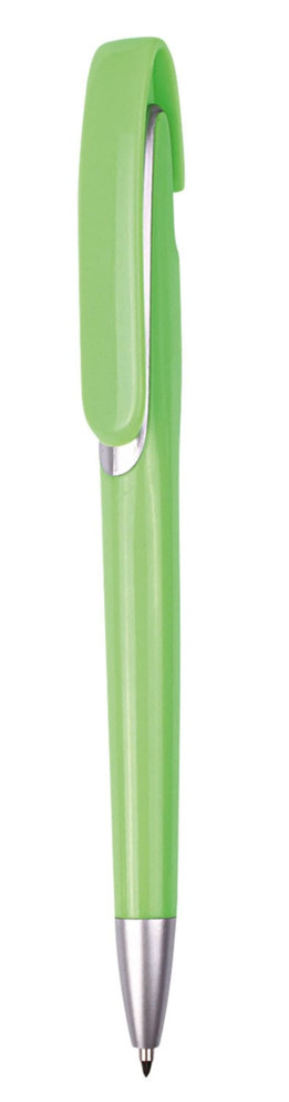 A green push-action plastic ballpen with a sleek design and a silver tip, featuring a branding logo.