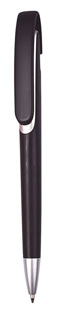 A black push-action plastic ballpen with a silver accent and a clip. It has a simple and sleek design.
