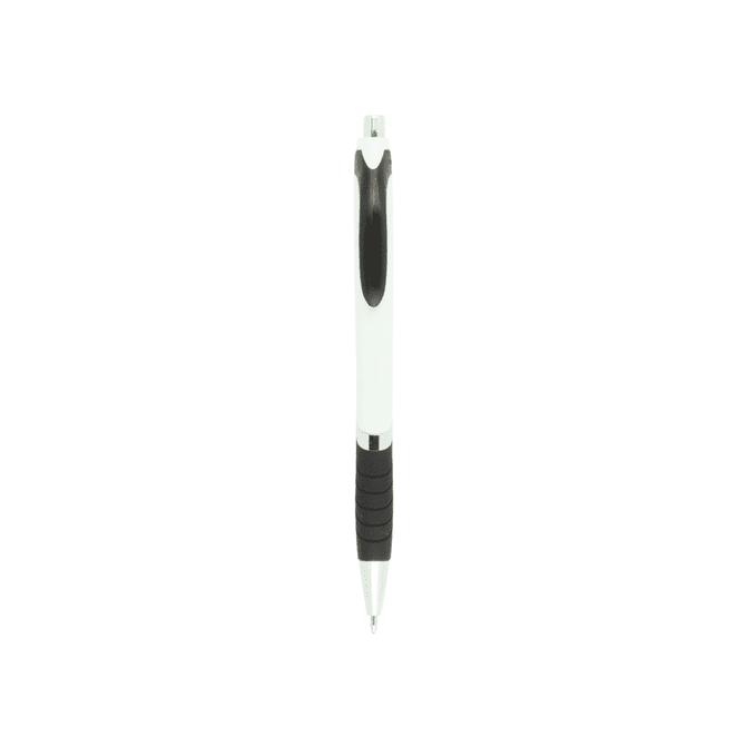 A white ballpoint pen with a black rubber grip and a clip, featuring a branded logo. Perfect for everyday writing tasks.