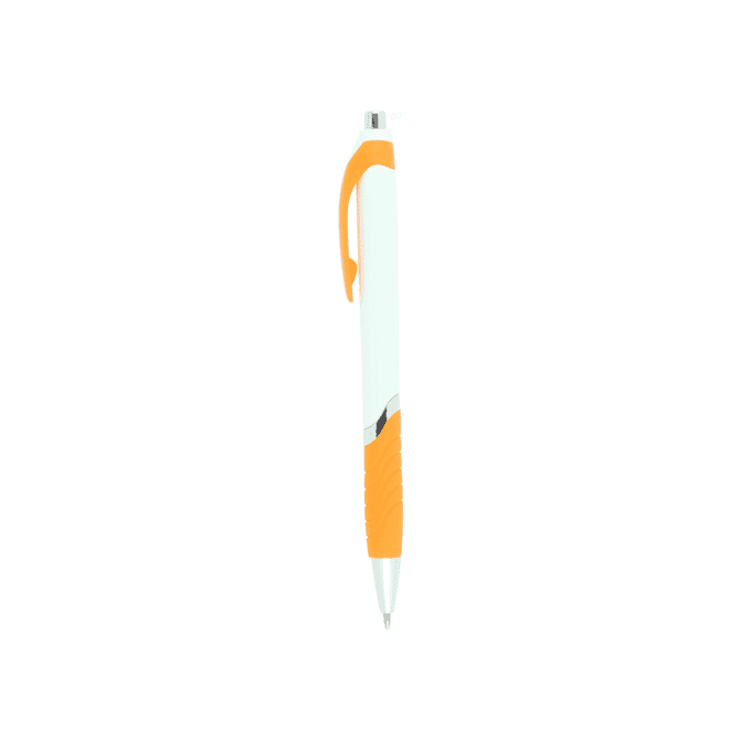 A white ballpoint pen with an orange grip and a silver accent, featuring a logo.