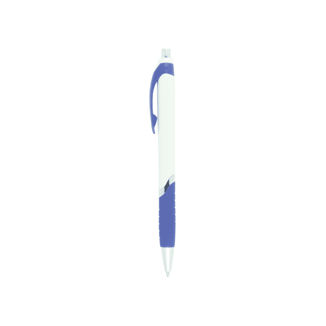 A blue and white VECTRA push-action ballpoint pen with a rubber grip and a branding logo.