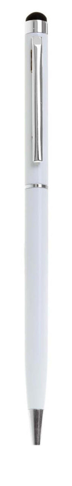 A slimline metal twist-action stylus pen in white with a silver clip and tip. It features a branding logo.
