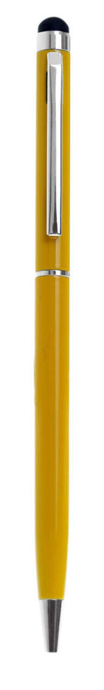 A stylus pen in a vibrant yellow colour with a sleek metal finish and a twist-action mechanism. Features a logo.