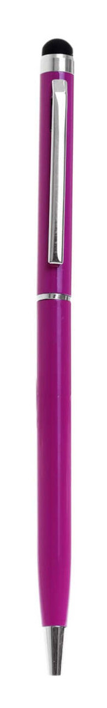 A slimline metal twist-action stylus pen in vibrant purple, featuring a silver clip and a black tip.