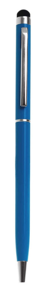 A blue metal twist-action stylus pen with a sleek design and a silver clip. It features a stylus tip on top.