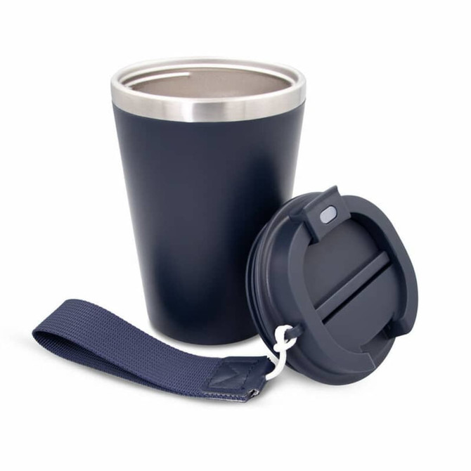 A drink bottle in navy with a stainless steel interior and a black lid, featuring a carry strap and logo.