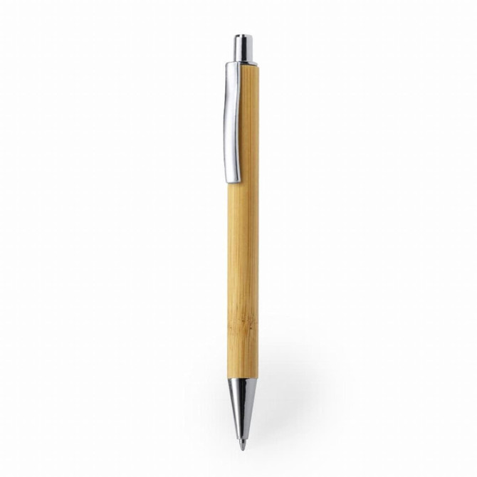 A bamboo ball pen with a chrome clip and tip, featuring a sleek, minimalist design.