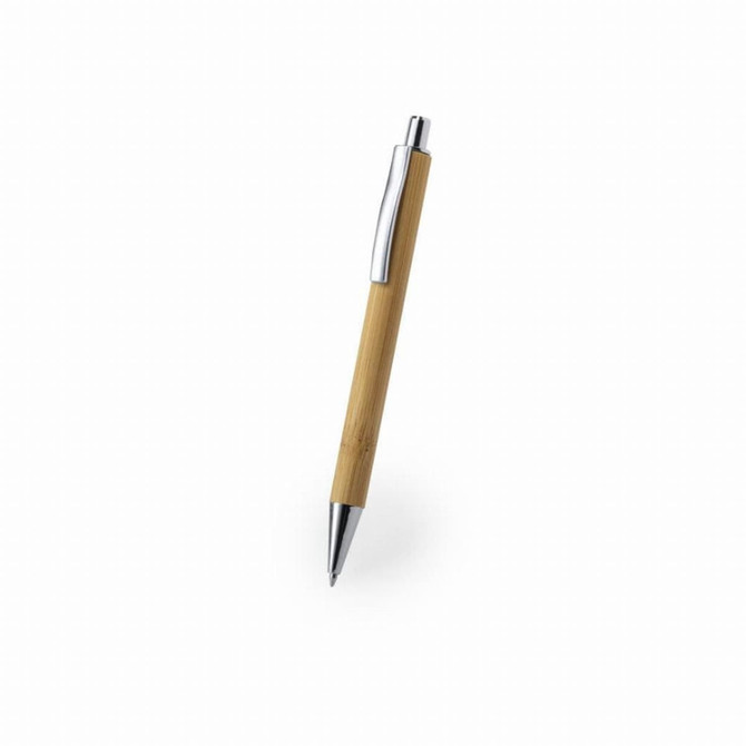 A bamboo push-action ball pen with a silver clip and tip. The pen features a natural bamboo finish.